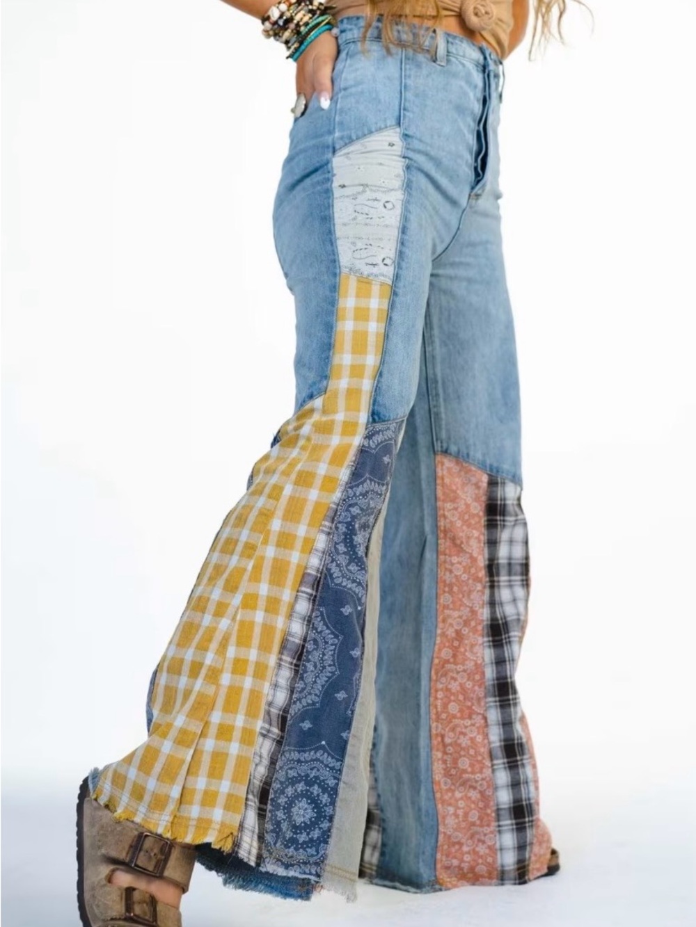 Three Bird Nest Magnolia Patchwork Jeans Medium Boho NWT Washed Denim Wide Flare
